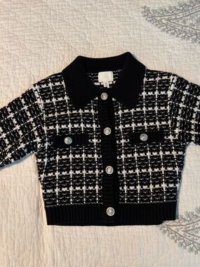 H&M Black & White Tweed Knit Polo Cardigan